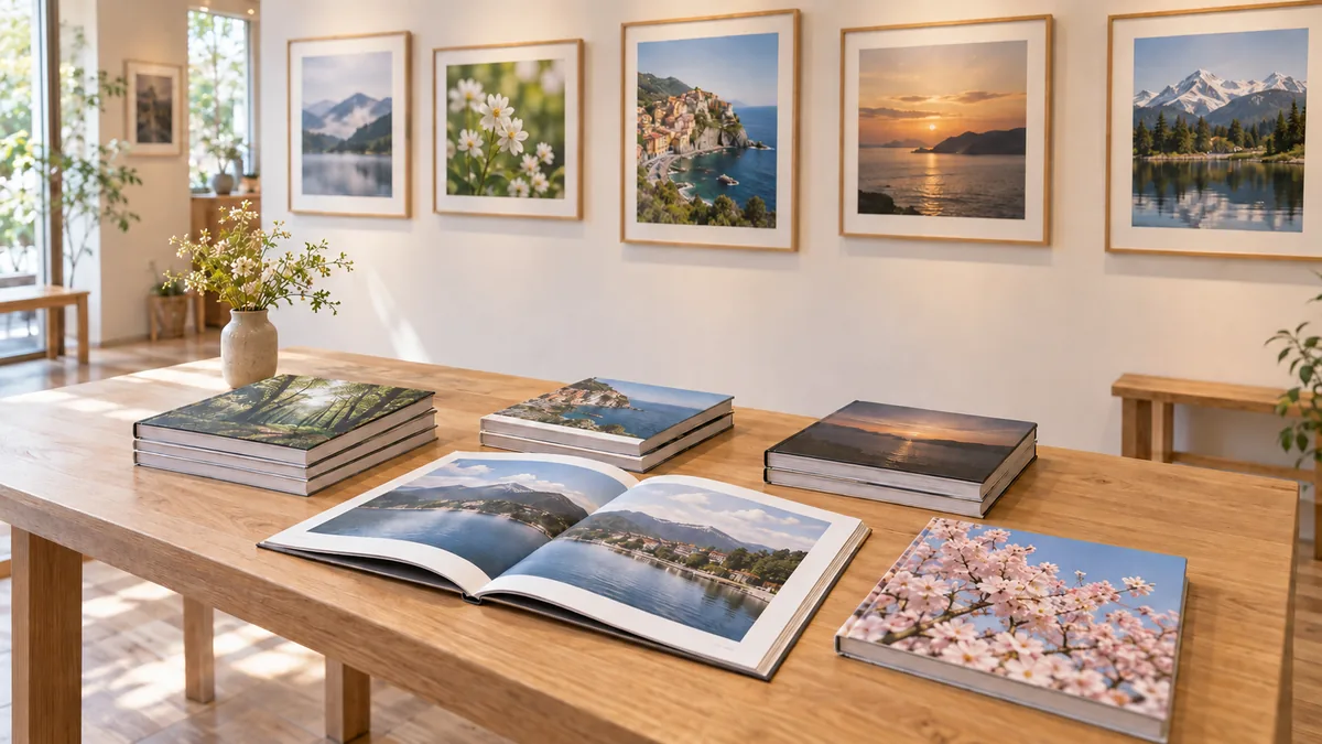 写真展の会場の机に並べた写真集(イメージ)