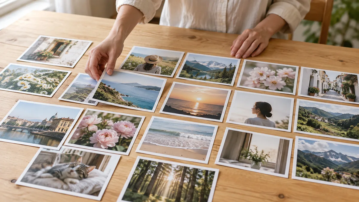 机に並べた写真のプリントを選ぶ手元(イメージ)