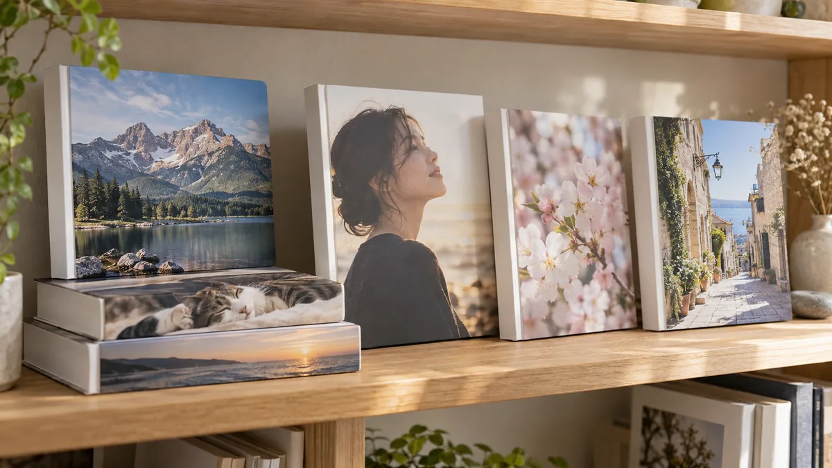 風景や人物、花などテーマの違う写真集が並んだ棚(イメージ)